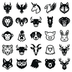 Obraz premium Black and white animal head silhouettes collection on a white background vector illustration