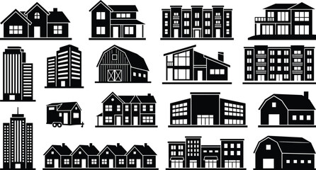 Collection of residential and commercial building silhouettes including houses skyscrapers and barns for real estate graphic design © Shilpi