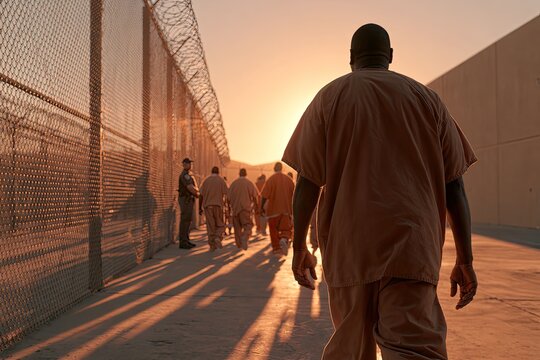 Prisoners in orange jumpsuits walk along a sunlit path beside a fence