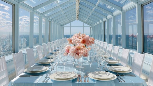 Elegant dining setup with panoramic city views under a glass ceiling