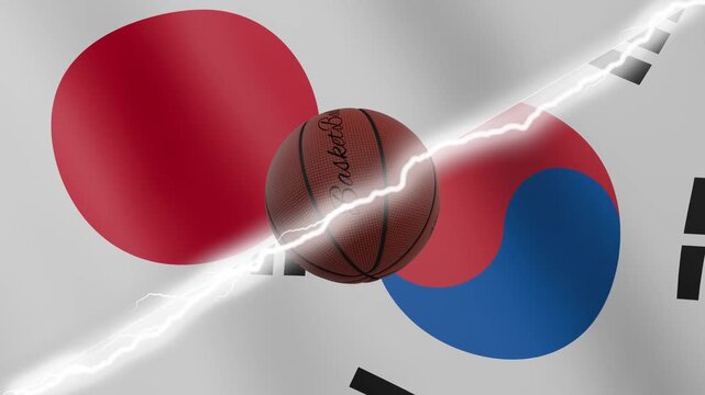 Spinning basketball ball against waving flags South Korea and Japan separated by a diagonal electric effect, seamless 4k loop