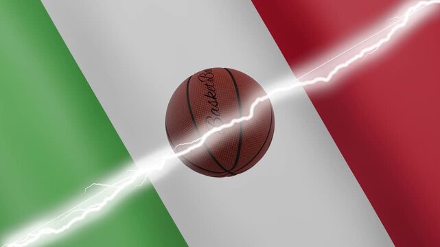 Spinning basketball ball against waving flags Italy and Italy separated by a diagonal electric effect, seamless 4k loop