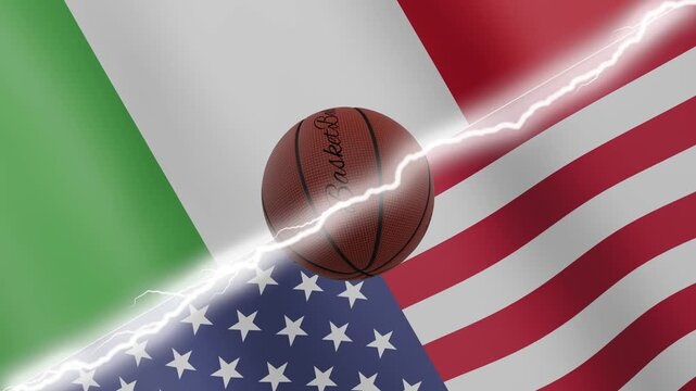 Spinning basketball ball against waving flags United States of America and Italy separated by a diagonal electric effect, seamless 4k loop