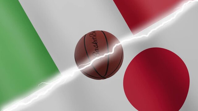 Spinning basketball ball against waving flags Japan and Italy separated by a diagonal electric effect, seamless 4k loop