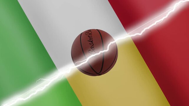 Spinning basketball ball against waving flags Mali and Italy separated by a diagonal electric effect, seamless 4k loop