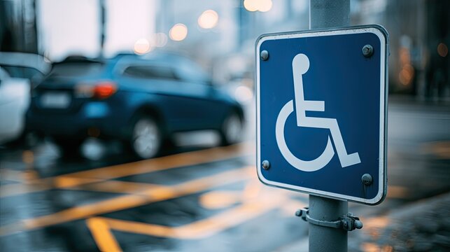Accessible parking sign in a wet, urban environment with a blue car blurred