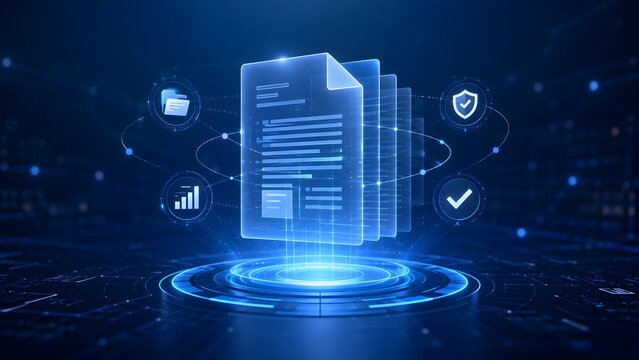Glowing blue holographic documents on digital podium with connected business icons representing secure file management system and automated data analytics