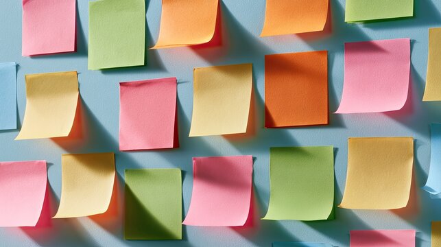 Colorful sticky notes arranged in a grid on a light blue wall