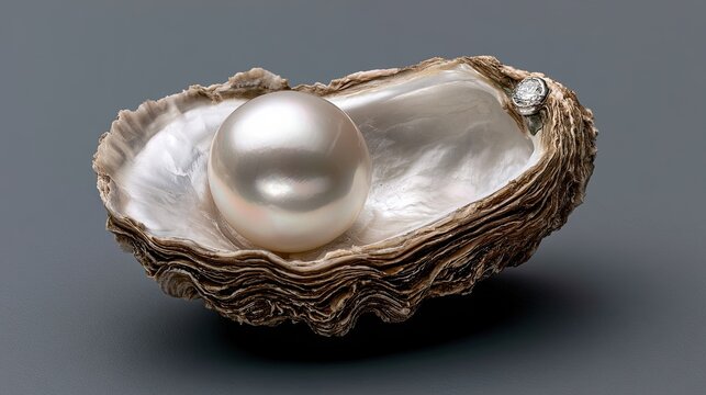 A lustrous pearl nestled within a textured oyster shell against a neutral background
