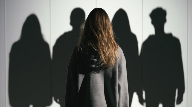 Young person stands before their shadowy, looming figures, facing a blank wall