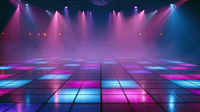 Empty, vibrant disco dance floor illuminated by colored spotlights and haze