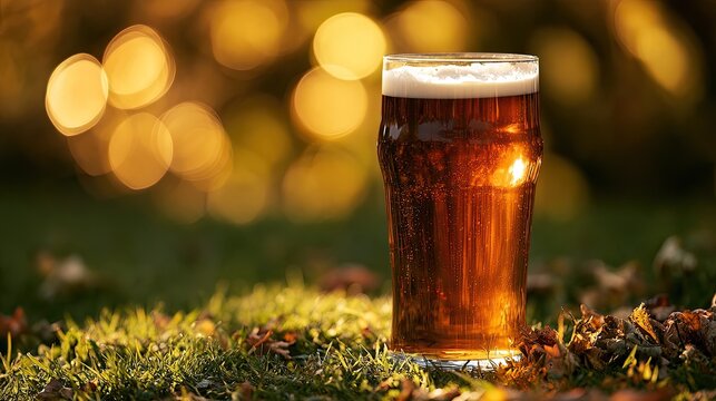 Amber ale in a pint glass, set outdoors with soft bokeh lighting