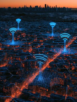 Futuristic city grid with glowing hexagonal structures and Wi-Fi signals