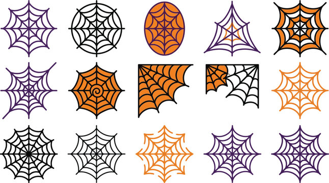 Set of various decorative spider web designs in black orange and purple colors perfect for creative halloween party decorations and spooky graphic projects