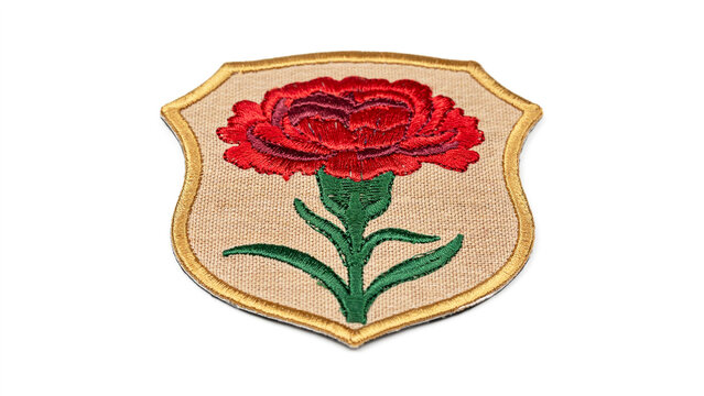 Red rose embroidered patch on beige background with floral design, textile art