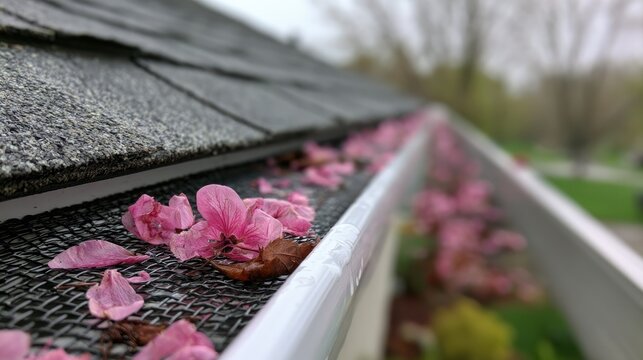 Fallen pink petals and debris clog a residential rain gutter