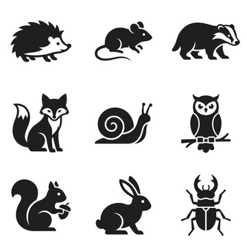 Black forest animal icons set including hedgehog, fox, squirrel, owl, rabbit, badger, snail, beetle, and mouse silhouettes