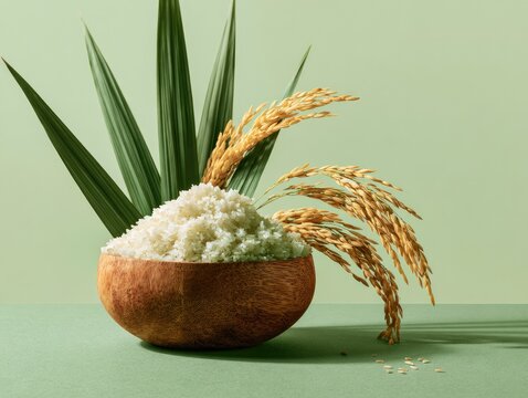 Bowl of white rice with golden stalks and green palm leaves