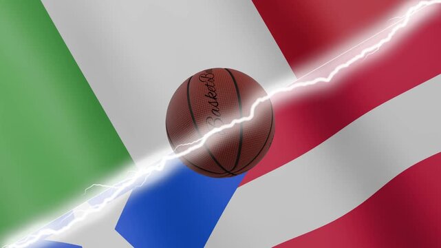 Spinning basketball ball against waving flags Puerto Rico and Italy separated by a diagonal electric effect, seamless 4k loop