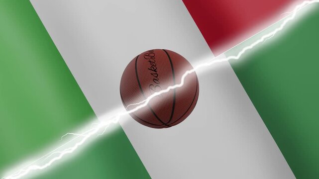 Spinning basketball ball against waving flags Nigeria and Italy separated by a diagonal electric effect, seamless 4k loop