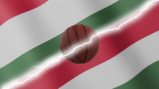 Spinning basketball ball against waving flags Hungary and Hungary separated by a diagonal electric effect, seamless 4k loop