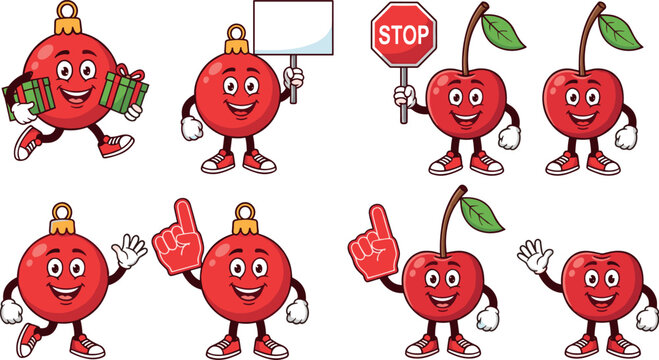 Christmas Ball Ornament and Cherry Mascot Character Set with Gift, Stop Sign, and Waving Poses for Holiday Designs