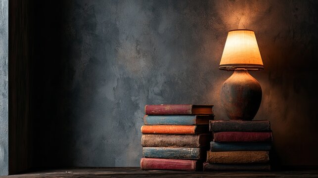 Illuminated stacked old books beside a textured wall in dim light