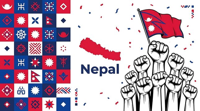 Nepal national flag with raised fists and map silhouette for independence day celebration or patriotic concept design