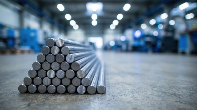 Stack of steel metal rods in a factory warehouse