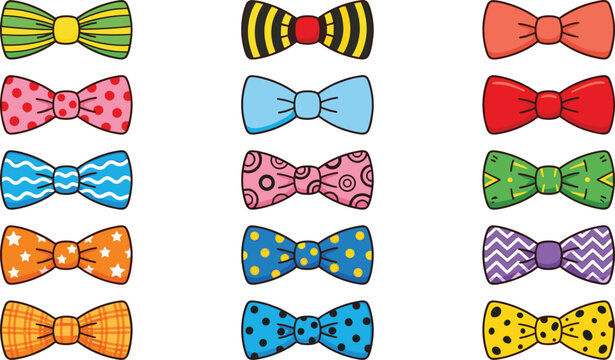 Cute Cartoon Bow Tie Vector Illustration Set with Colorful Patterned Bowtie Icons
