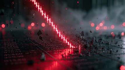 Naklejka premium Red laser beam slicing through data grid, scattering debris and smoke