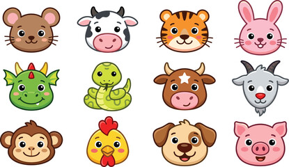 Obraz premium Cute Cartoon Chinese Zodiac Animals Vector Illustration Kawaii Lunar New Year Icon Set