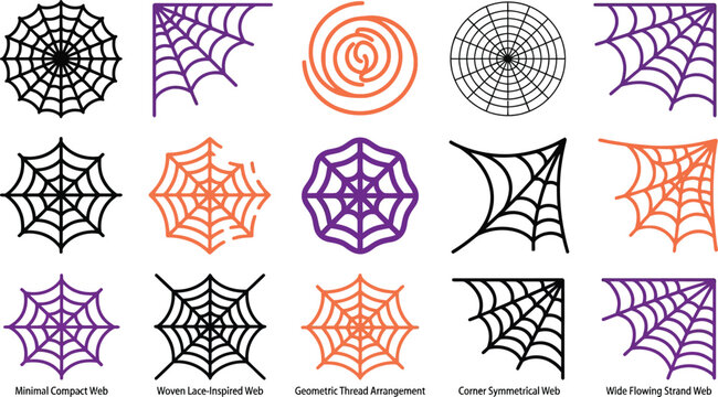 A collection of various spider web designs in different shapes and colors perfect for decorating your creative projects for a spooky halloween celebration