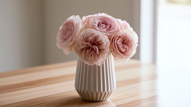 Delicate blush pink roses with ruffled petals in a ribbed white vase