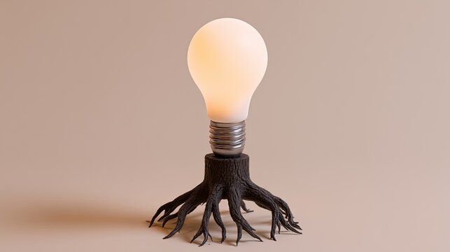 Glowing bulb sprouts from a dark, root-like base against a soft background