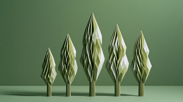 A line of stylized, geometric, green trees of varying sizes