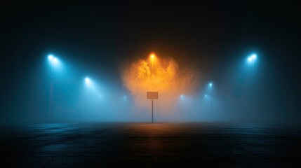 Obraz premium Eerie nighttime street scene with dense fog and glowing lamps