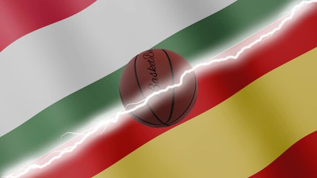Spinning basketball ball against waving flags Spain and Hungary separated by a diagonal electric effect, seamless 4k loop