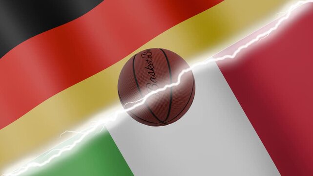 Spinning basketball ball against waving flags Italy and Germany separated by a diagonal electric effect, seamless 4k loop