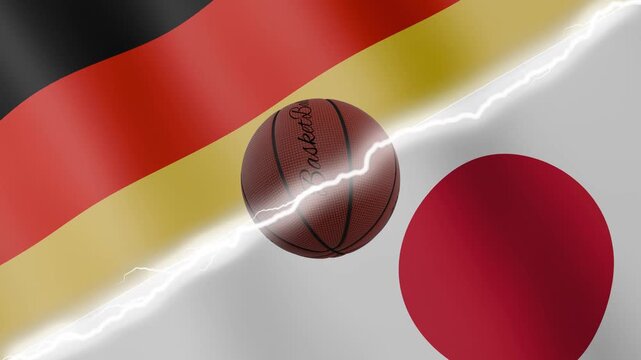 Spinning basketball ball against waving flags Japan and Germany separated by a diagonal electric effect, seamless 4k loop
