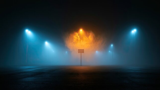 Eerie nighttime street scene with dense fog and glowing lamps