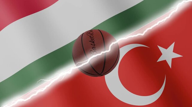 Spinning basketball ball against waving flags Turkey and Hungary separated by a diagonal electric effect, seamless 4k loop