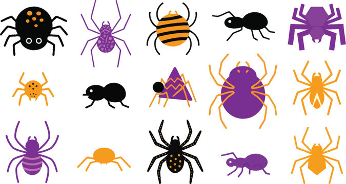 A collection of colorful spider illustrations featuring various shapes and sizes perfect for spooky halloween decorations and festive seasonal graphic design projects isolated