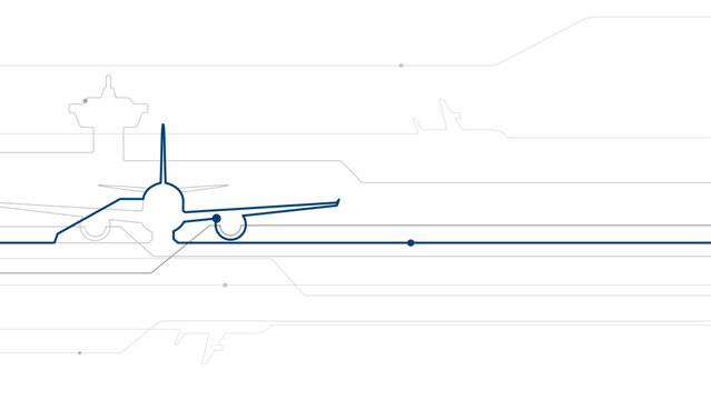 Minimalist aviation infrastructure vector illustration featuring a front view passenger airplane integrated with abstract network lines. Modern concept of air transport, logistics and global connectiv