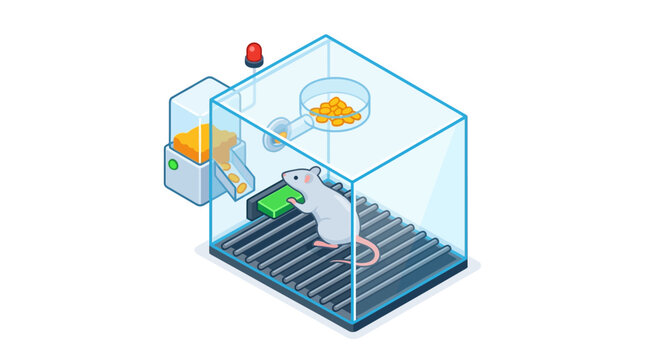 Skinner Box Experiment isometric illustration of a laboratory rat pressing a lever for food in a transparent chamber ideal for psychology education and behavioral science articles.