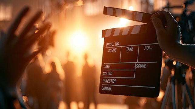 Filmmaker uses clapperboard on set with bright lights and blurred background