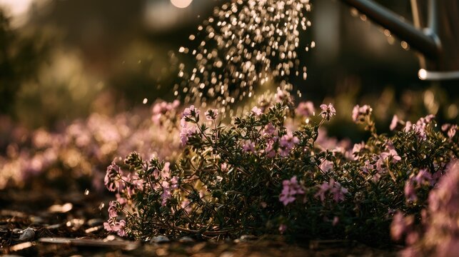Gentle shower nurtures delicate purple blossoms in sunlit garden