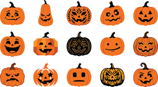 A collection of various carved halloween pumpkins with different spooky facial expressions arranged in a grid on a white background