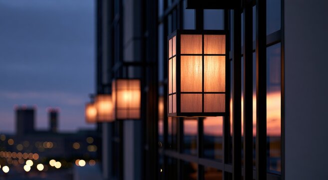 Illuminated lanterns on building exterior at twilight, city lights glow