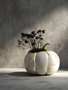 White kintsugi style pumpkin vase with dried flowers on concrete background